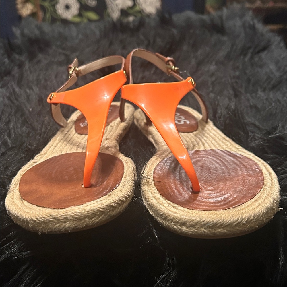 Michael Kors Stephy PVC Neon Orange Thong Leather Espadrille Sandals sz 9